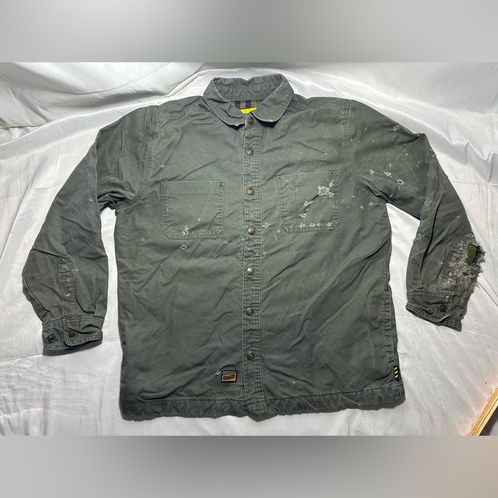 Brazos Work Wear Shacket Flannel Lined Distressed Olive Gray Medium Heavyweight